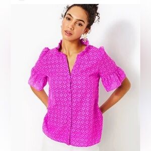 NWT Lilly Pulitzer Preppy Callynn Eyelet Vibrant Pink Blouse Sz 8